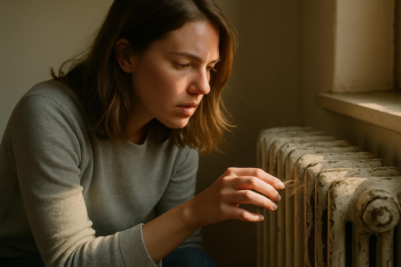 A woman in a gray sweater gently cleans an old radiator.