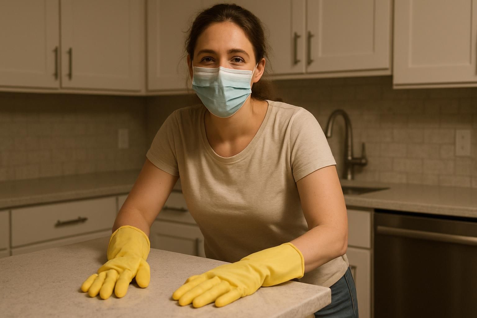 A woman in gloves cleans a modern kitchen with pride.