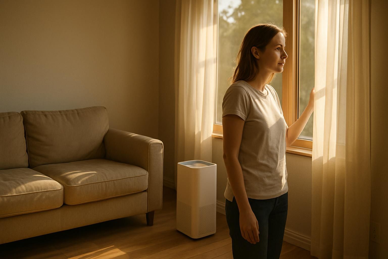 A woman in a serene living room enjoys a moment of contemplation.