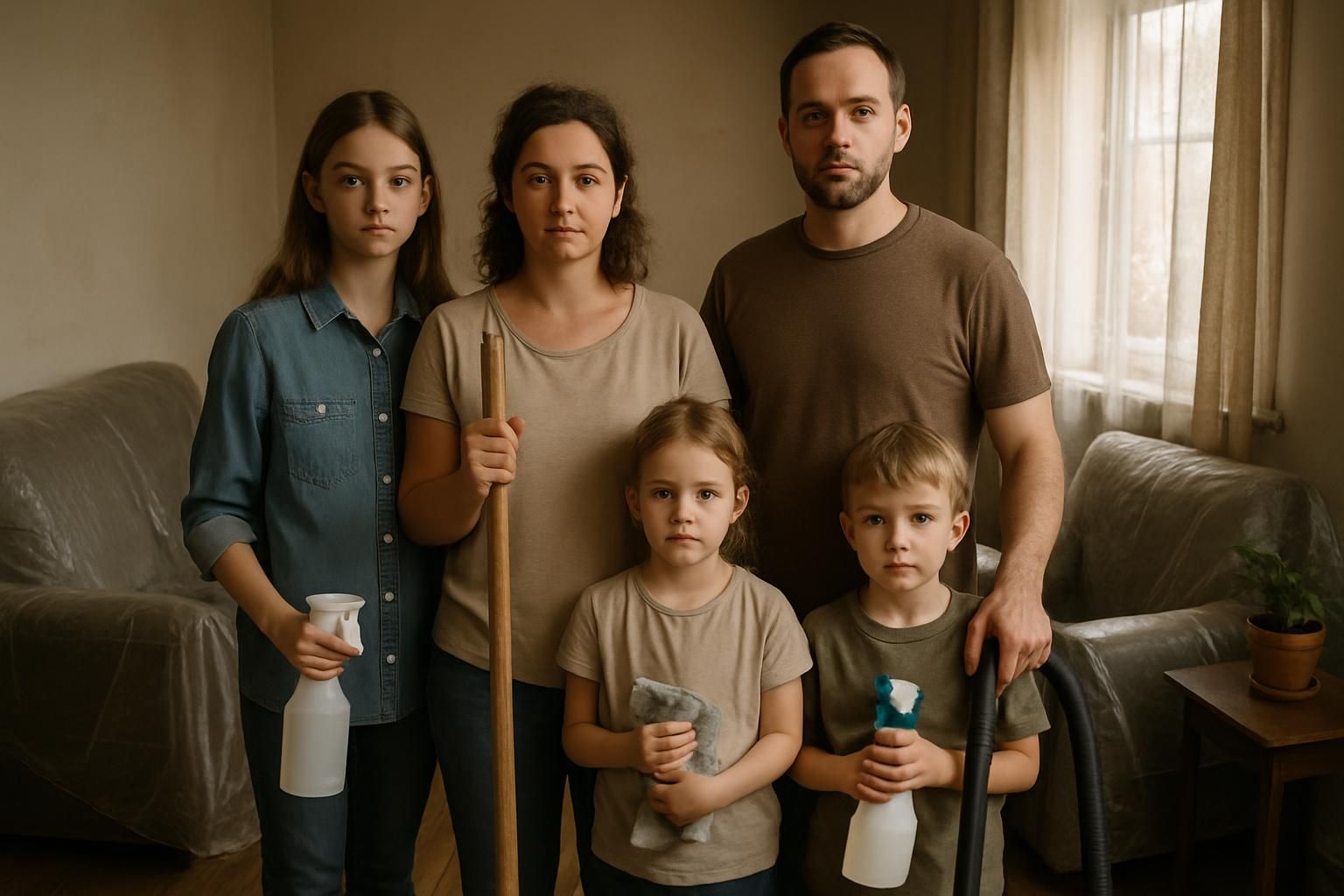 A family of five collaborates to clean their lived-in living room.
