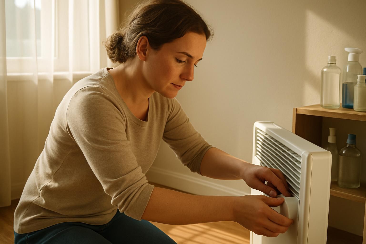 A woman reaches into a modern heater unit, focused and intent.