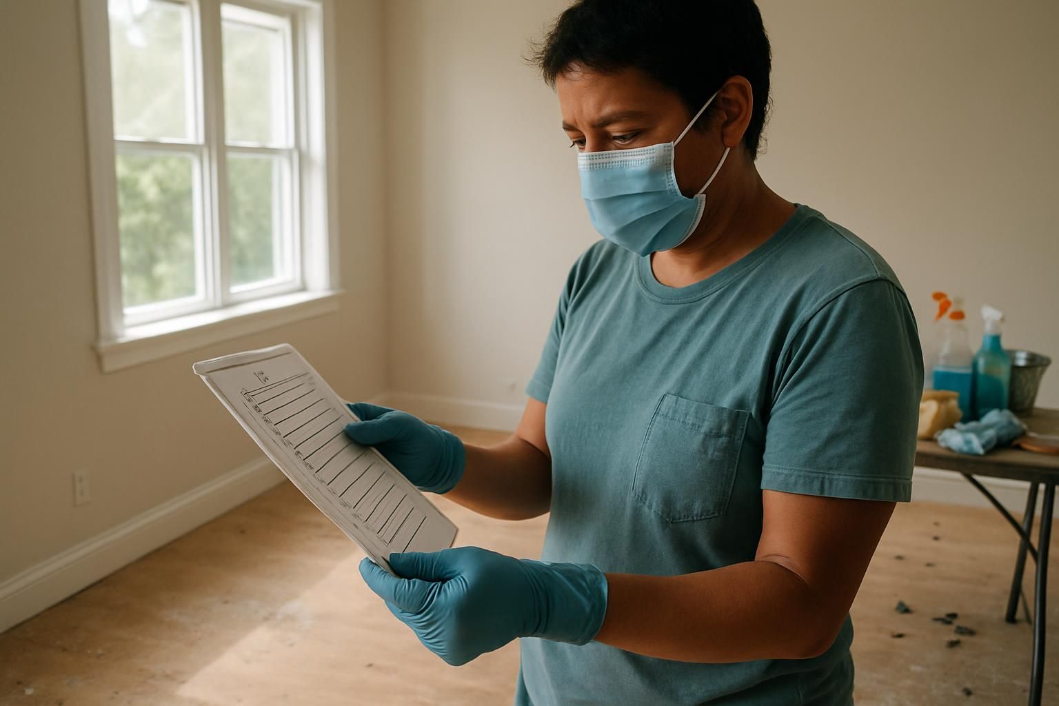 An adult evaluates a checklist while cleaning a renovated room.
