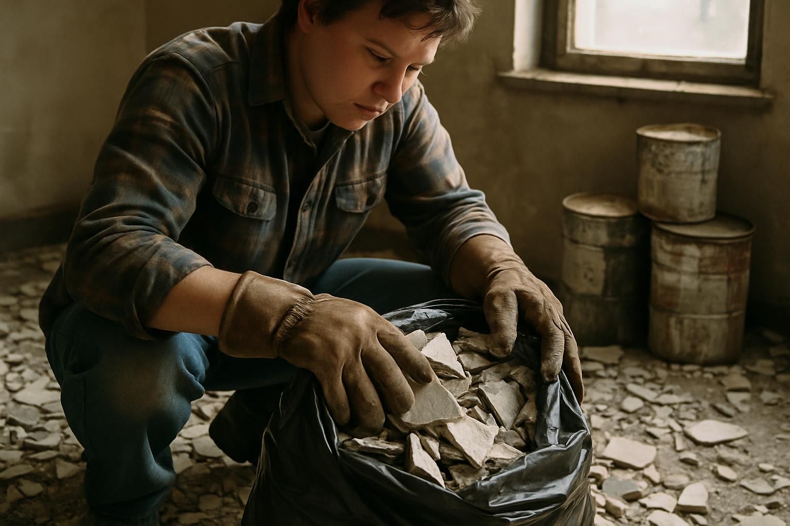 A determined individual cleans debris in a cluttered, chaotic room.