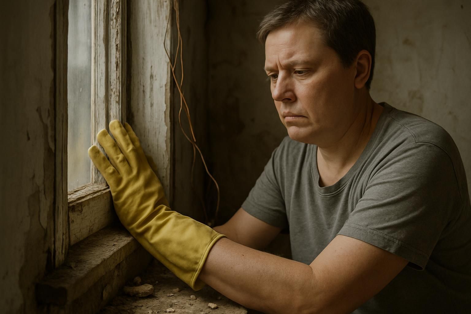 A middle-aged individual cleans a weathered wooden window frame.