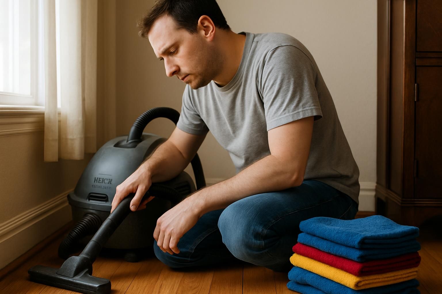 A focused individual vacuums the living room with a HEPA cleaner.