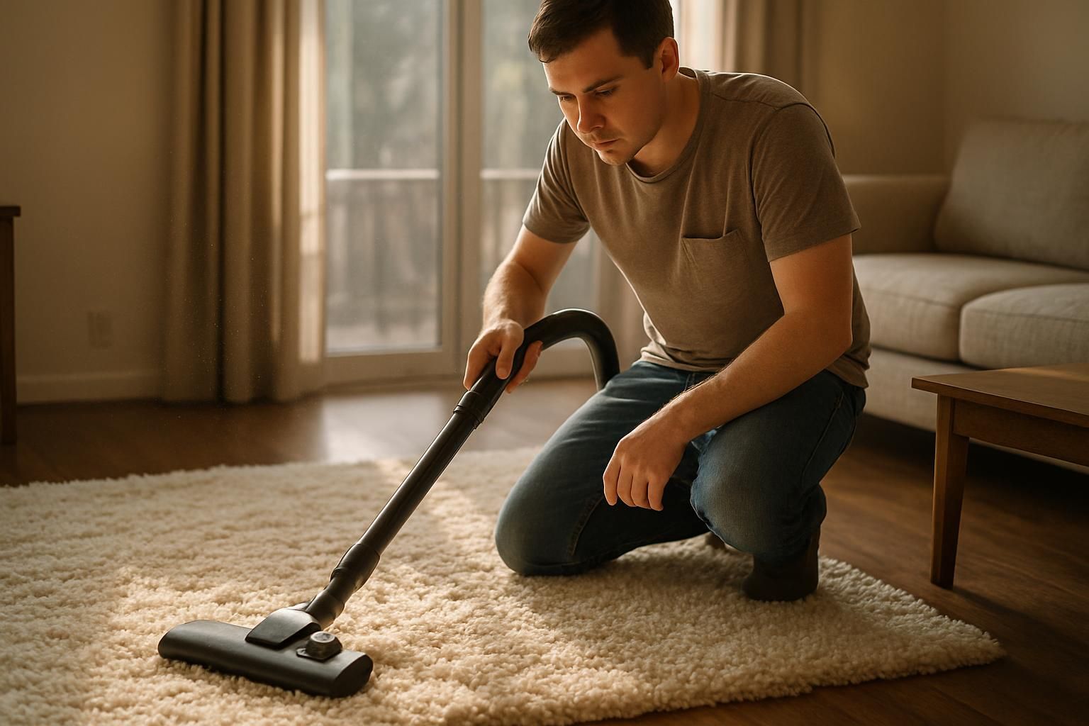A person vacuums a plush cream shag rug in a cozy living room.