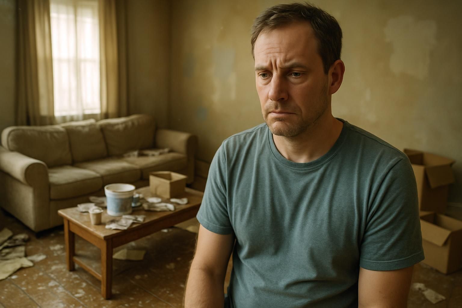 A man stands in a cluttered living room, looking frustrated and resigned.