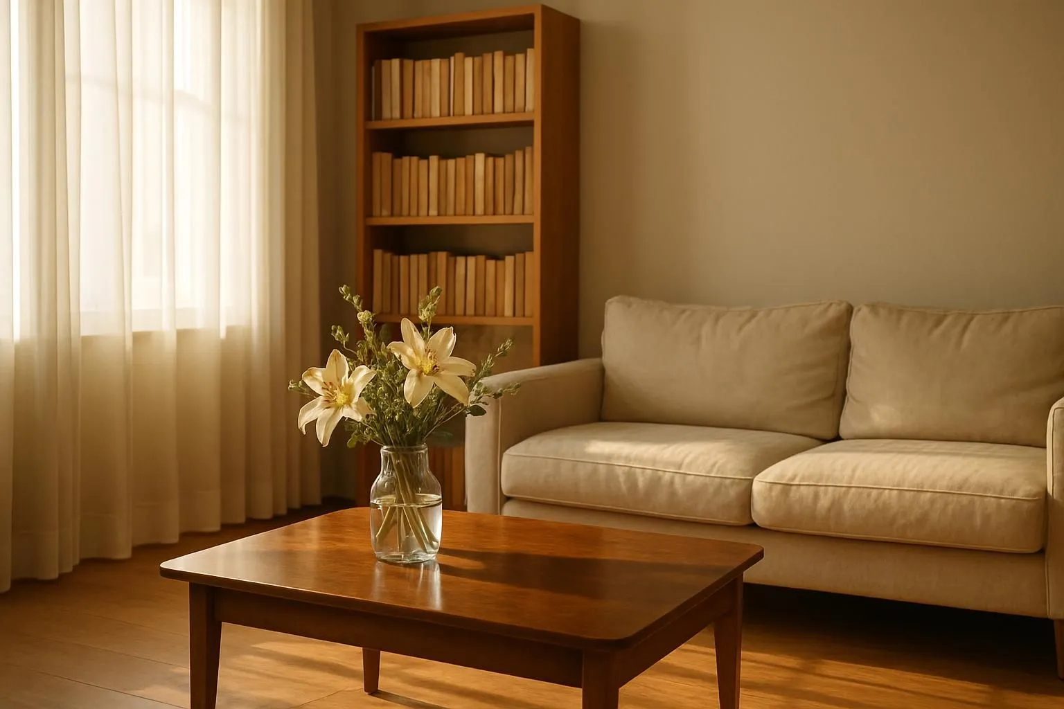 Sunlit living room after professional cleaning