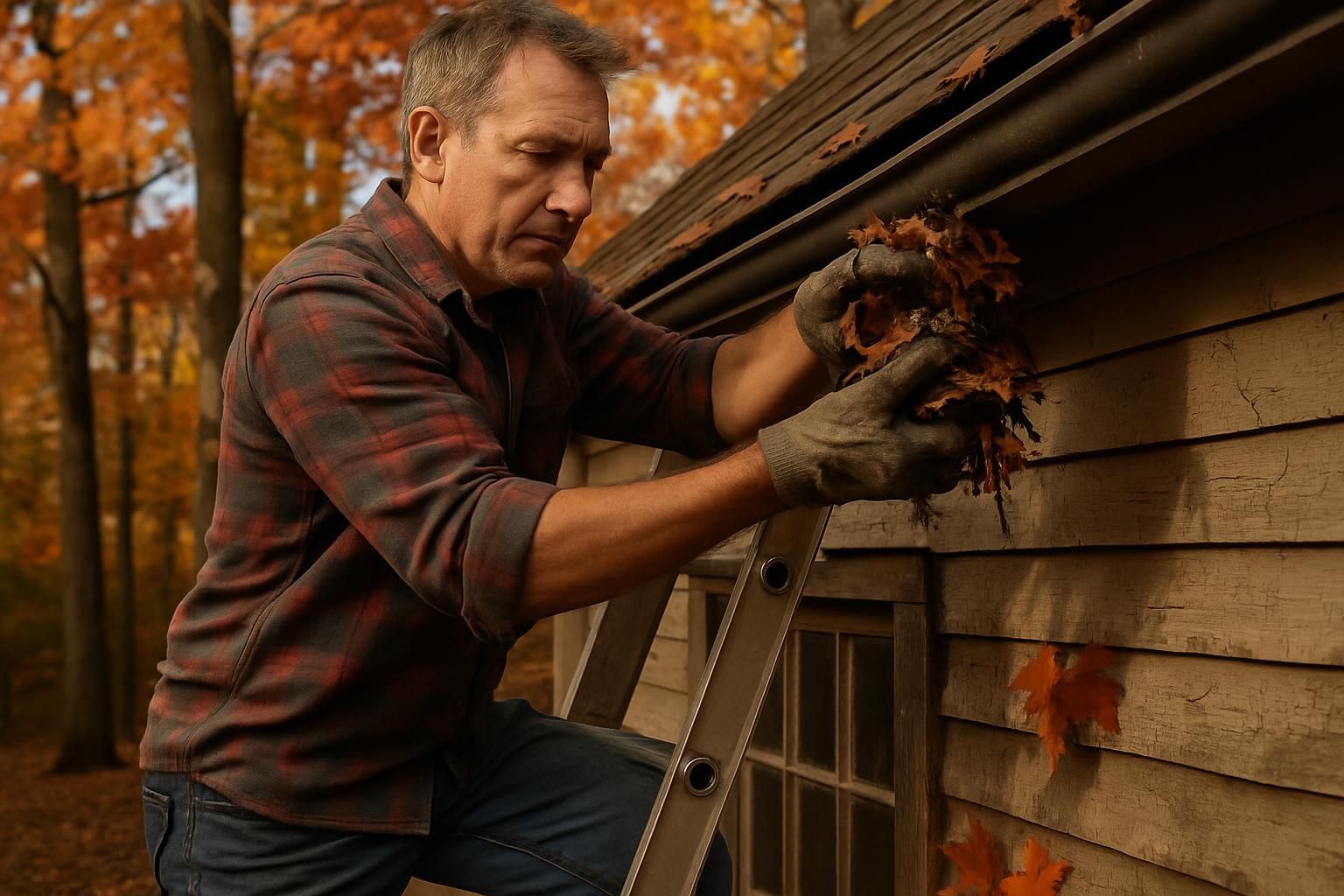 Homeowner cleaning gutters on a ladder