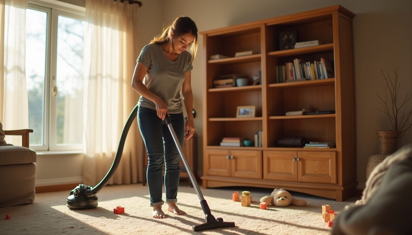Family cleaning living room as part of a fall checklist