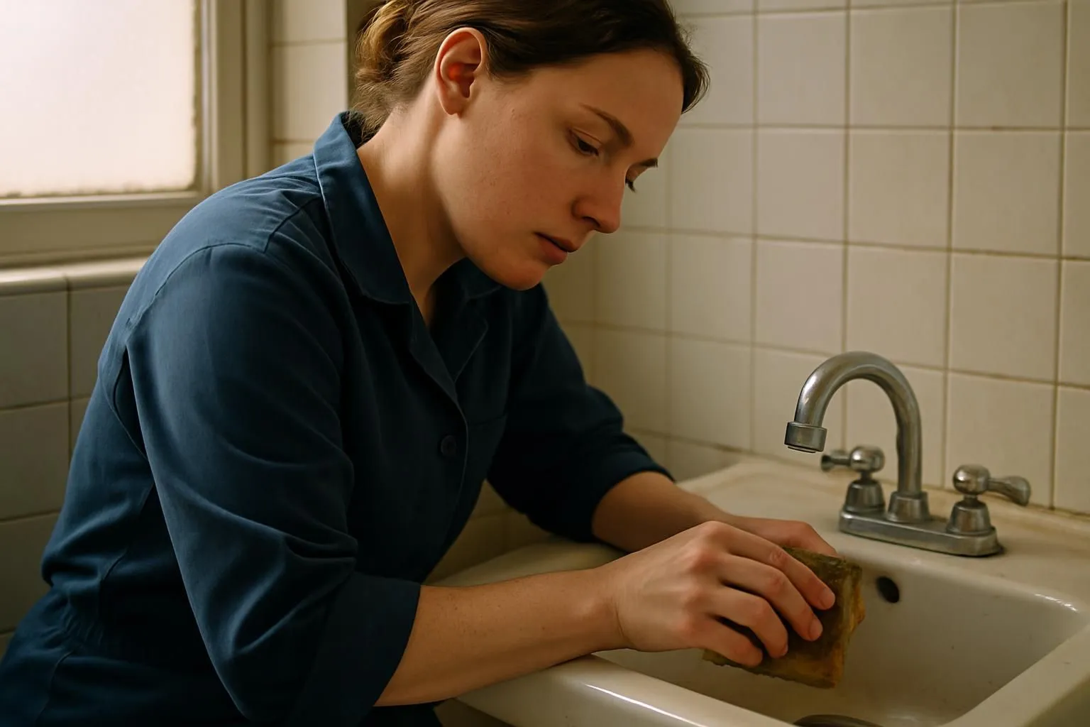 Cleaning pro sanitizing a bathroom sink