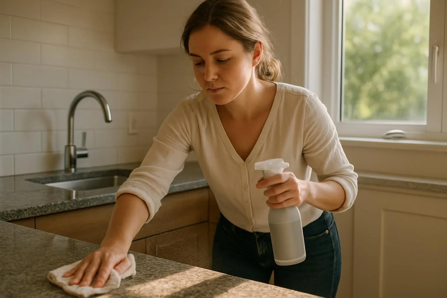 Person quickly wiping a kitchen counter with a microfiber cloth