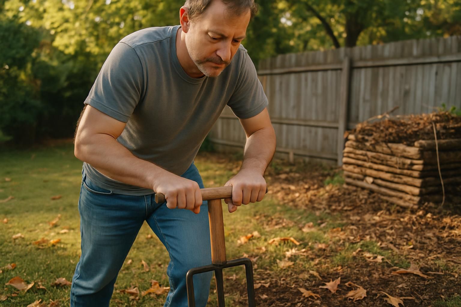 Homeowner using a manual core aerator on compacted lawn soil.