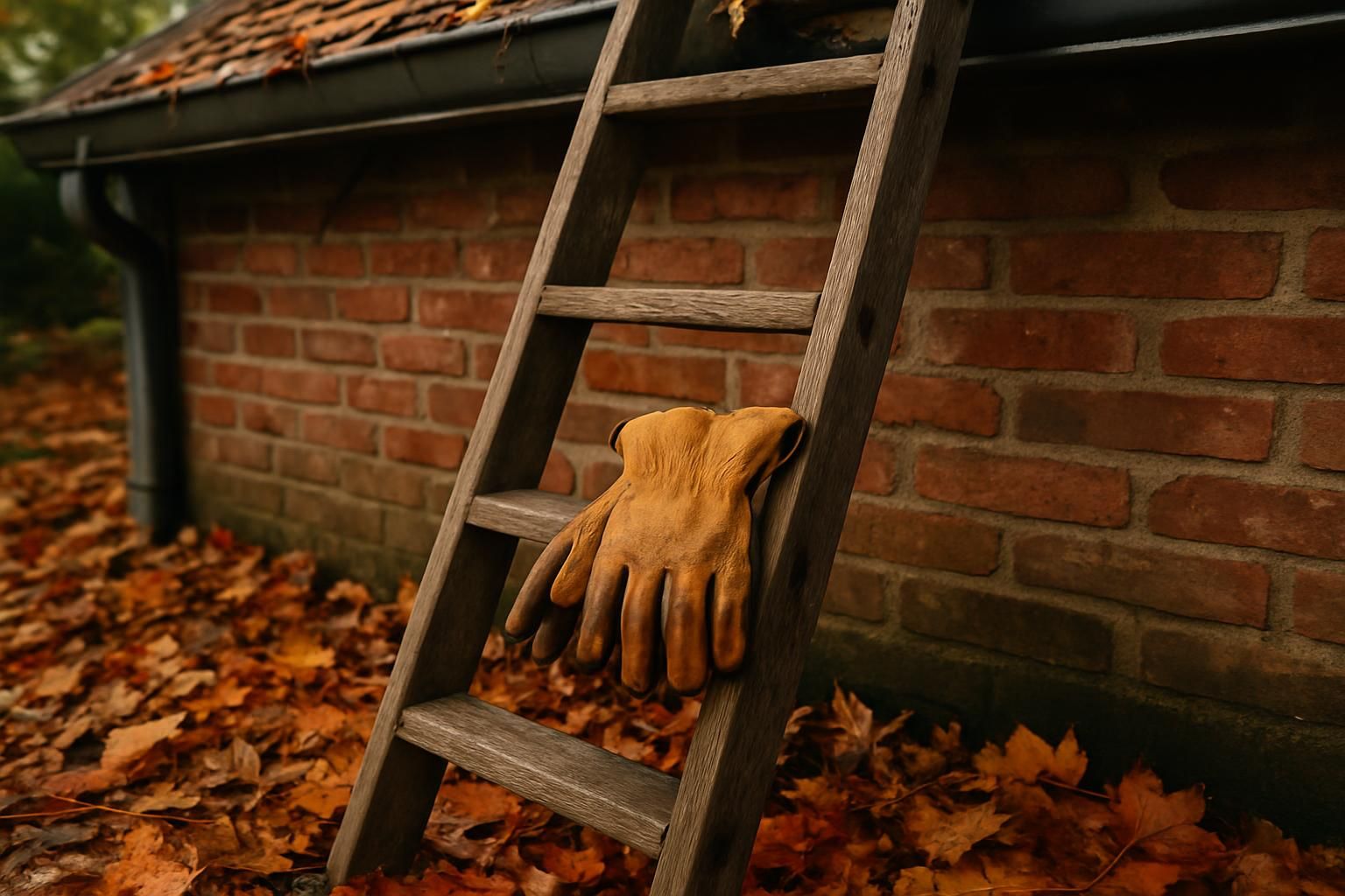 Aluminum ladder leaned against a brick wall near fallen leaves and a gutter.