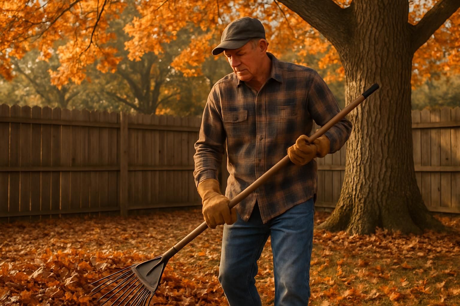 Homeowner raking brown oak leaves across a backyard lawn.