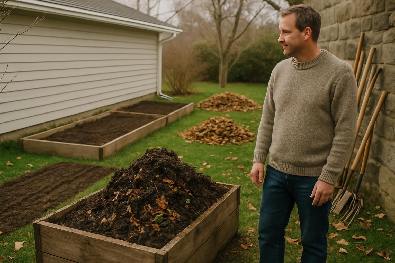 Neat backyard with a covered grill, stacked firewood, and an active compost area.