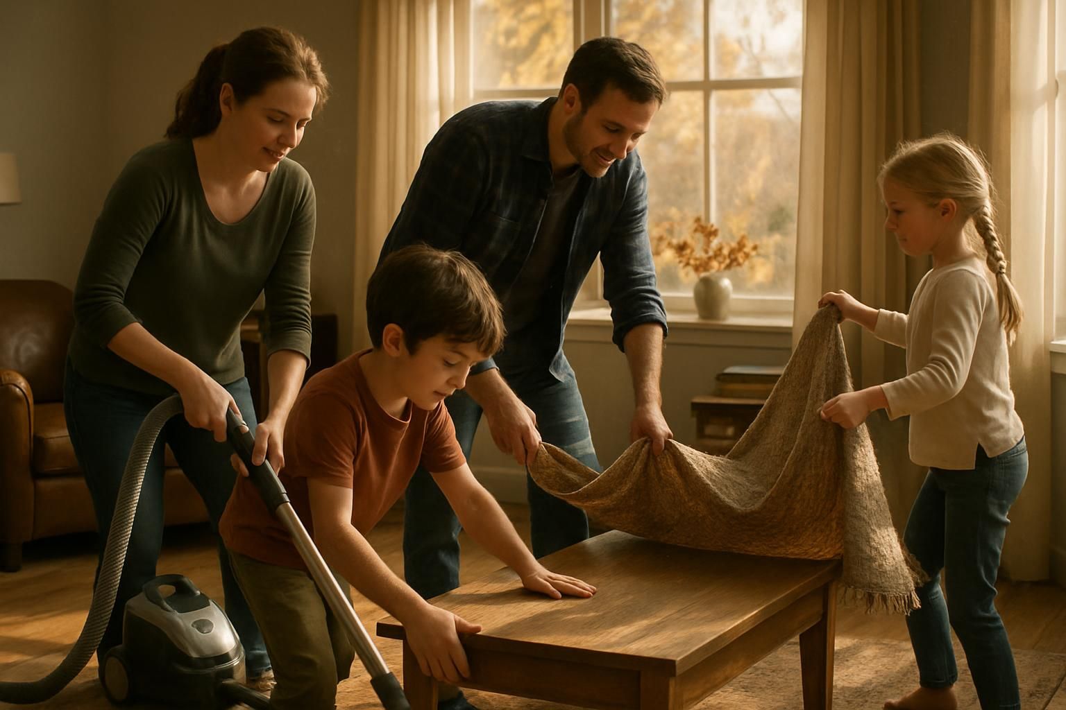 Family tidying a living room with a vacuum and cleaning supplies.