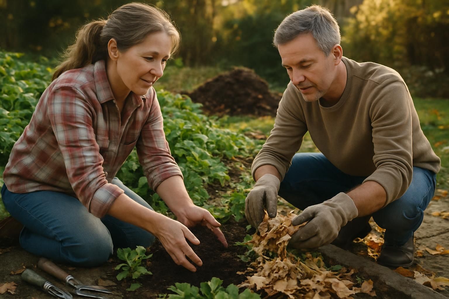 Couple clearing and mulching raised beds in autumn.