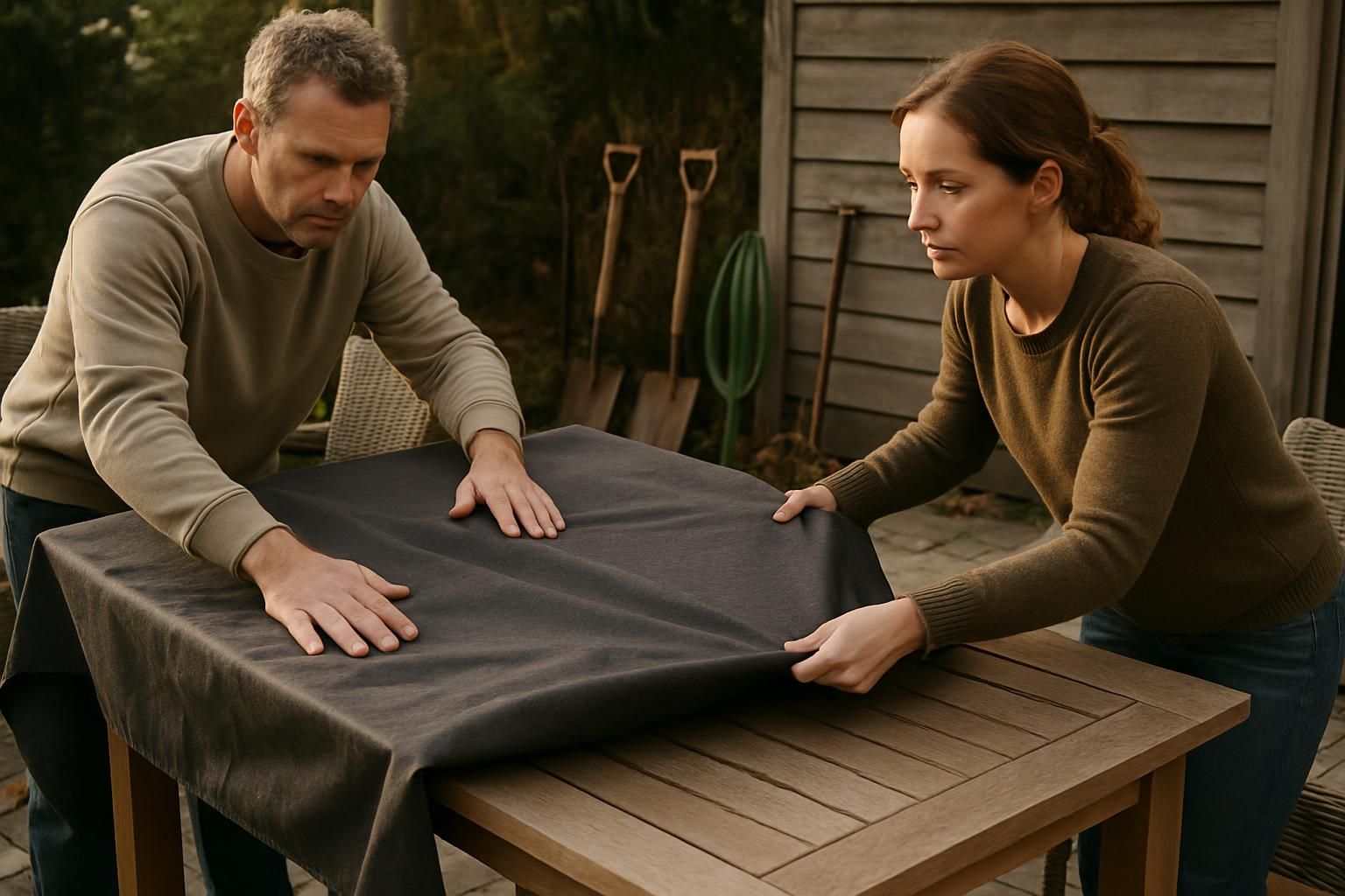 Couple covering an outdoor dining set with a heavy waterproof cover.