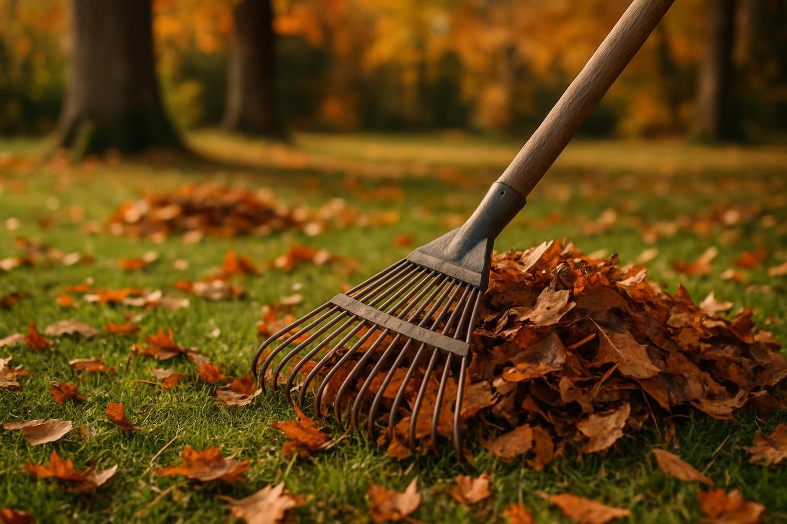 Gardener pulling a rake through bright autumn leaves gathered into piles.
