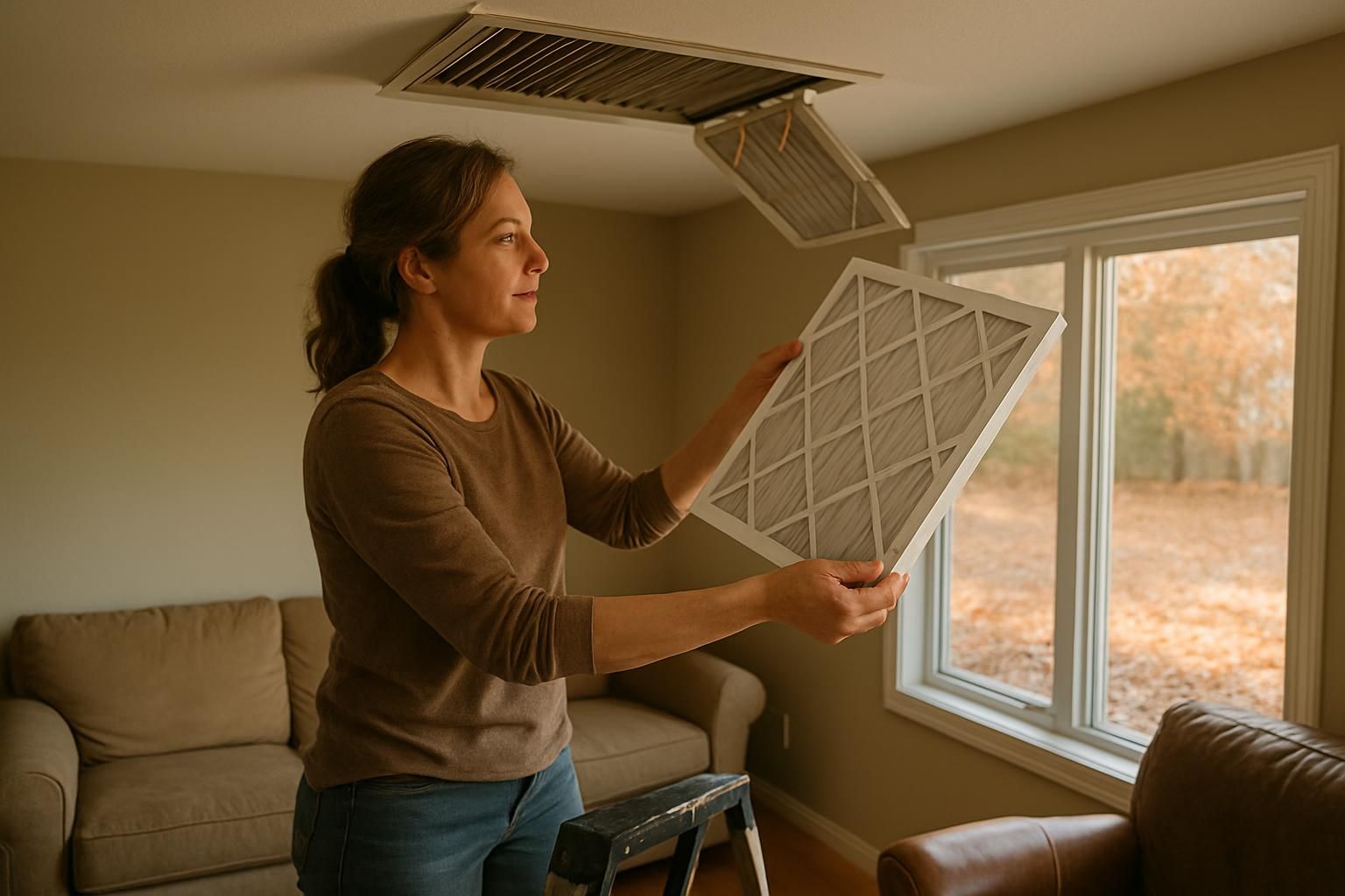 Homeowner standing on a step ladder replacing a furnace filter.