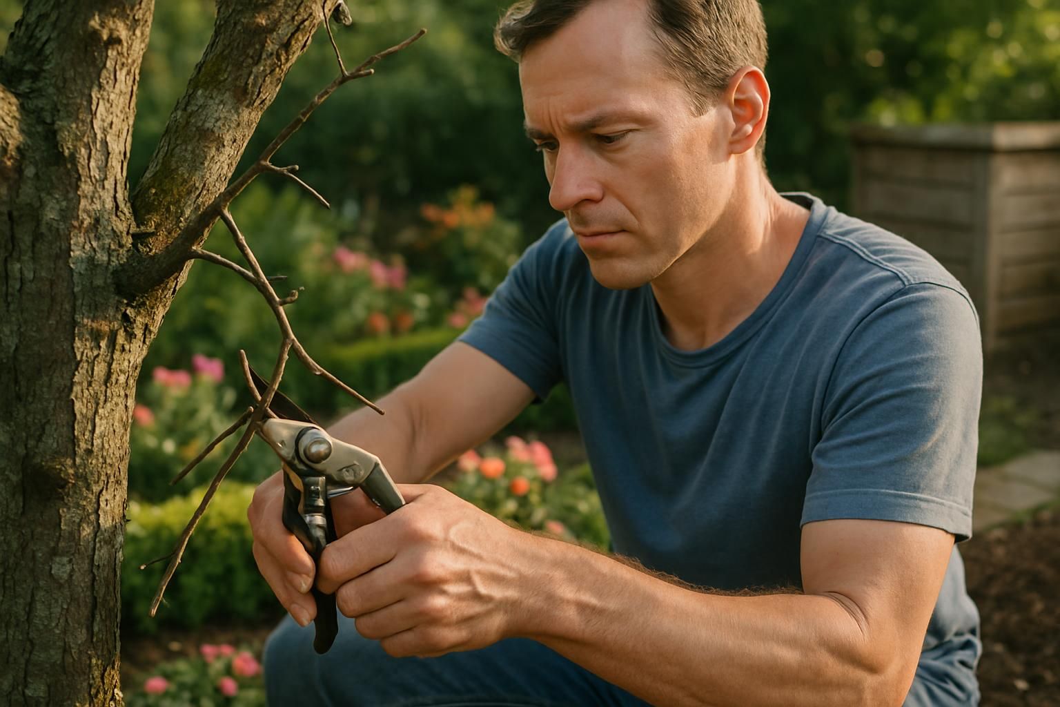 Homeowner pruning a small tree with hand pruners beside a garden bed.