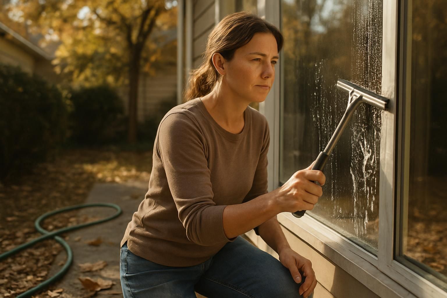 Homeowner cleaning an exterior window with a sprayer and squeegee.