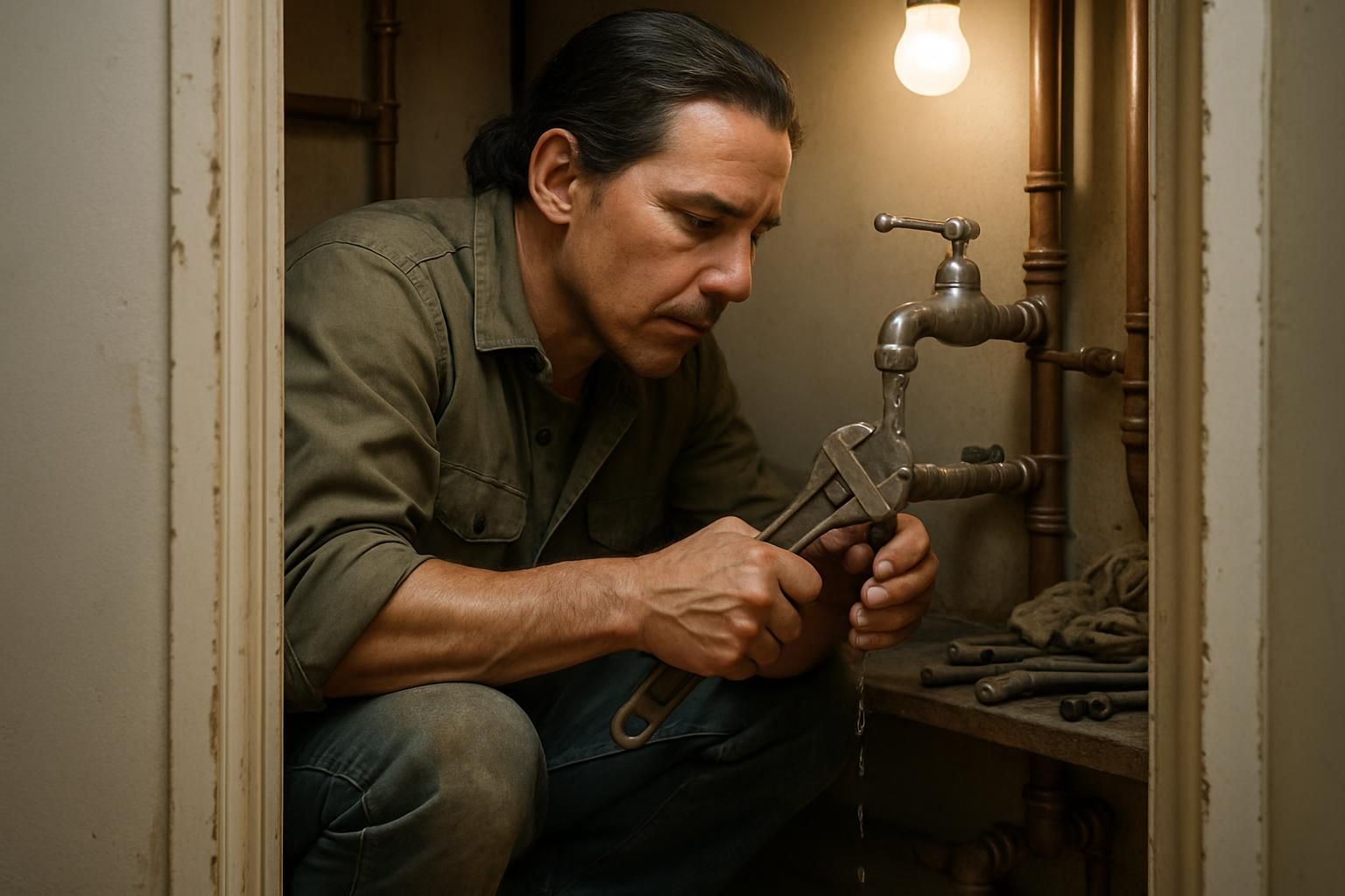 Worker tightening a faucet to stop a small leak