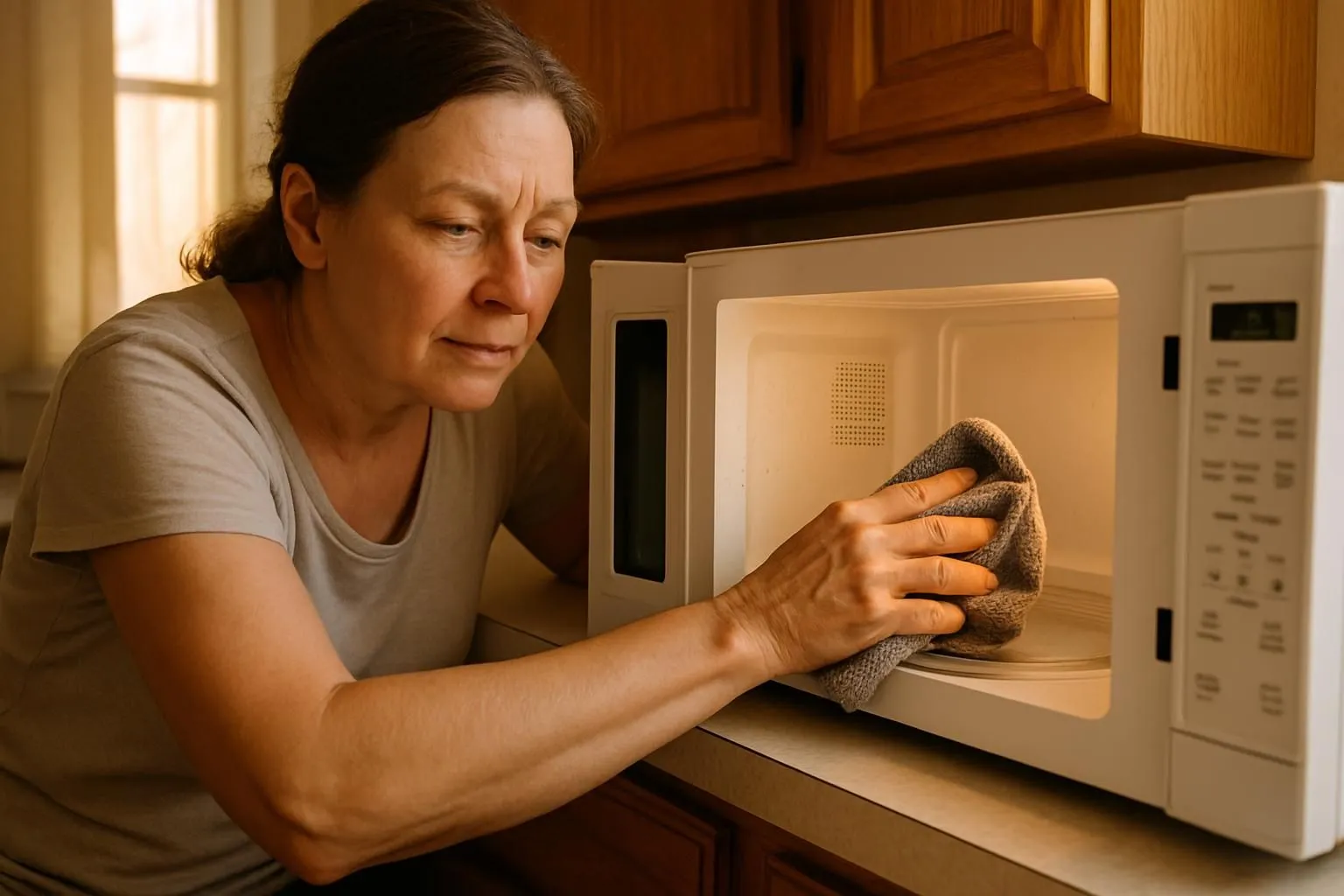 Homeowner deep cleaning blinds and baseboards during monthly tasks