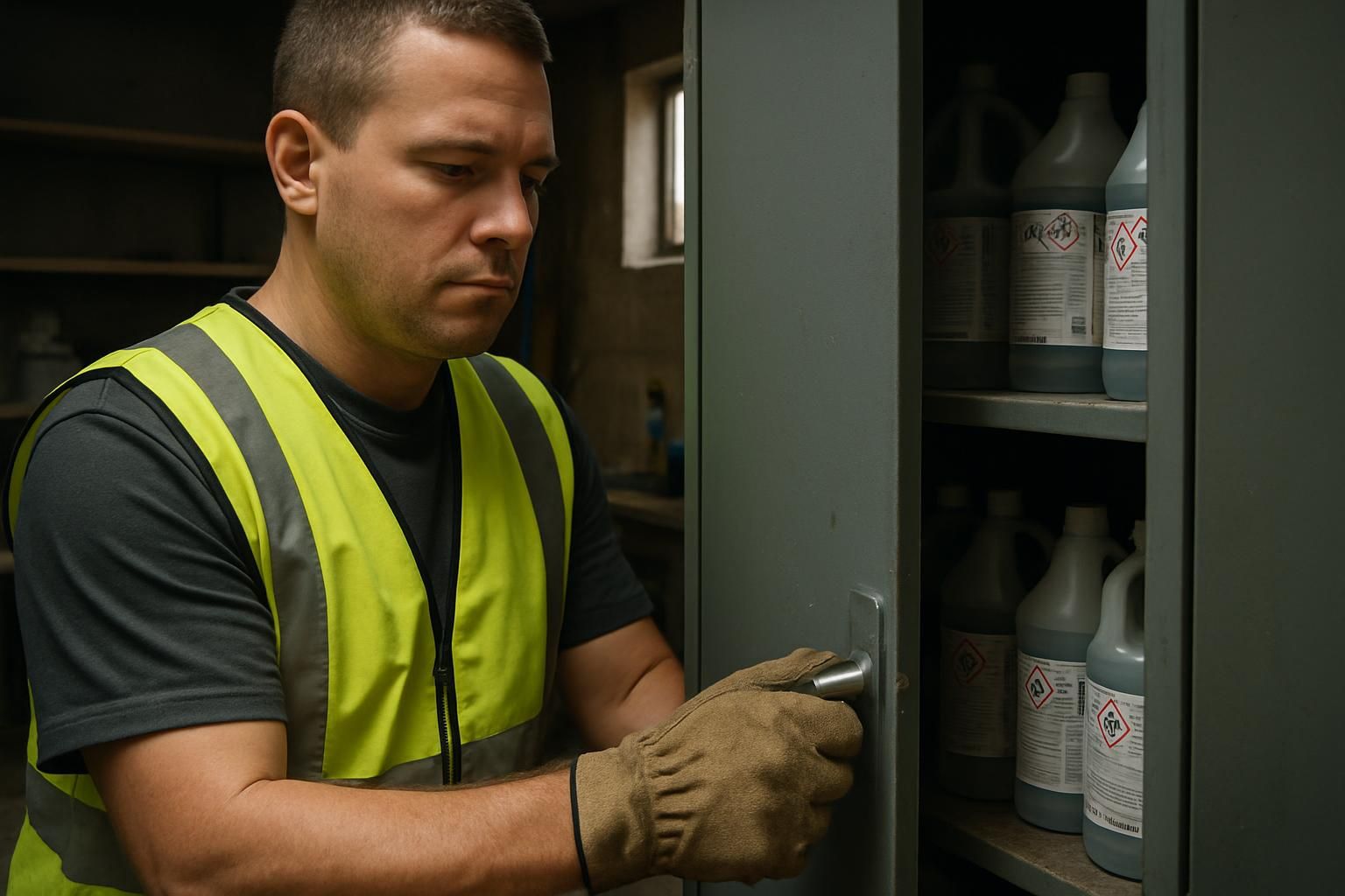 Safety gear and labeled cleaning chemicals stored securely