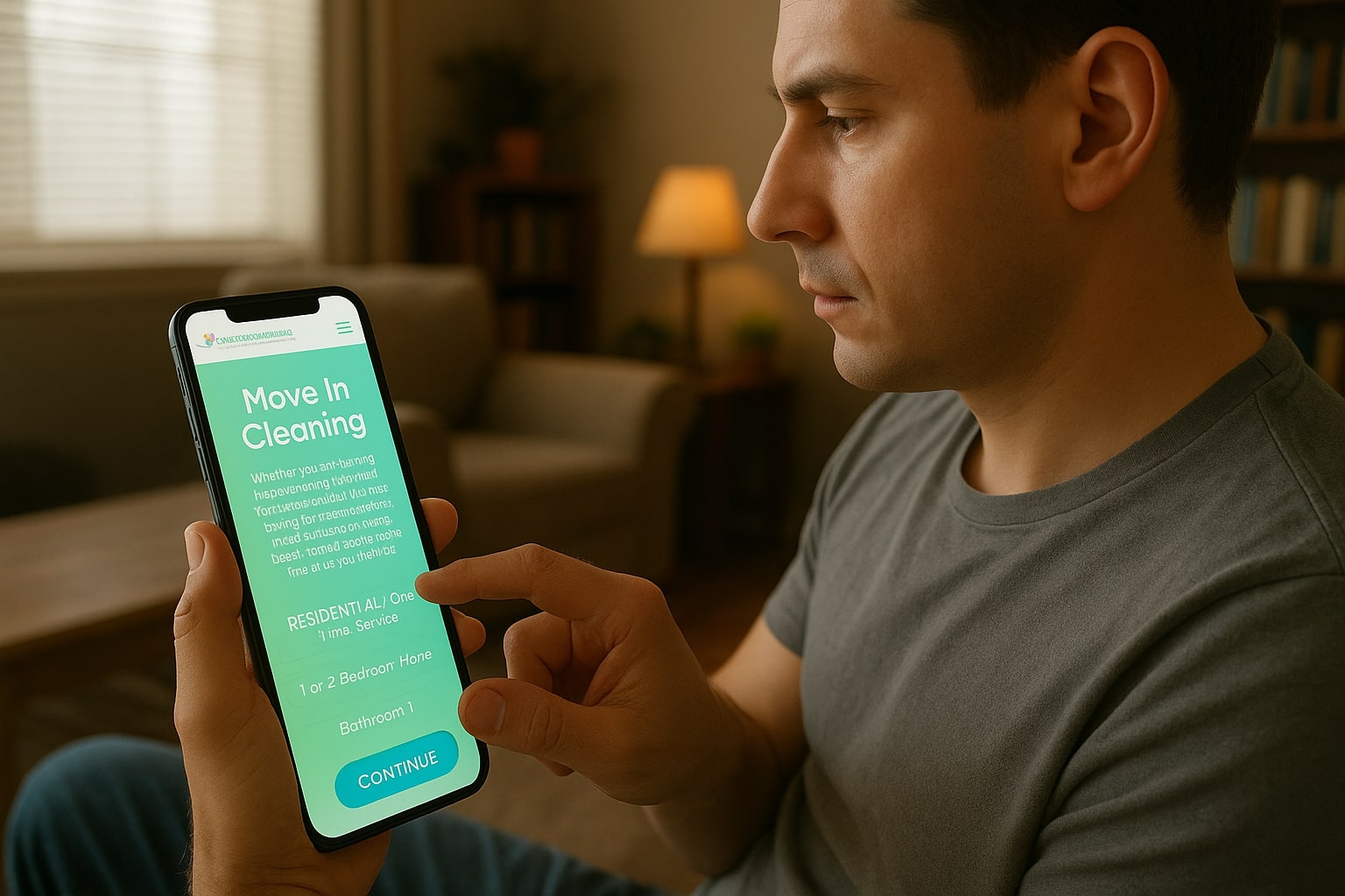 A person booking a cleaning service on a smartphone from a living room