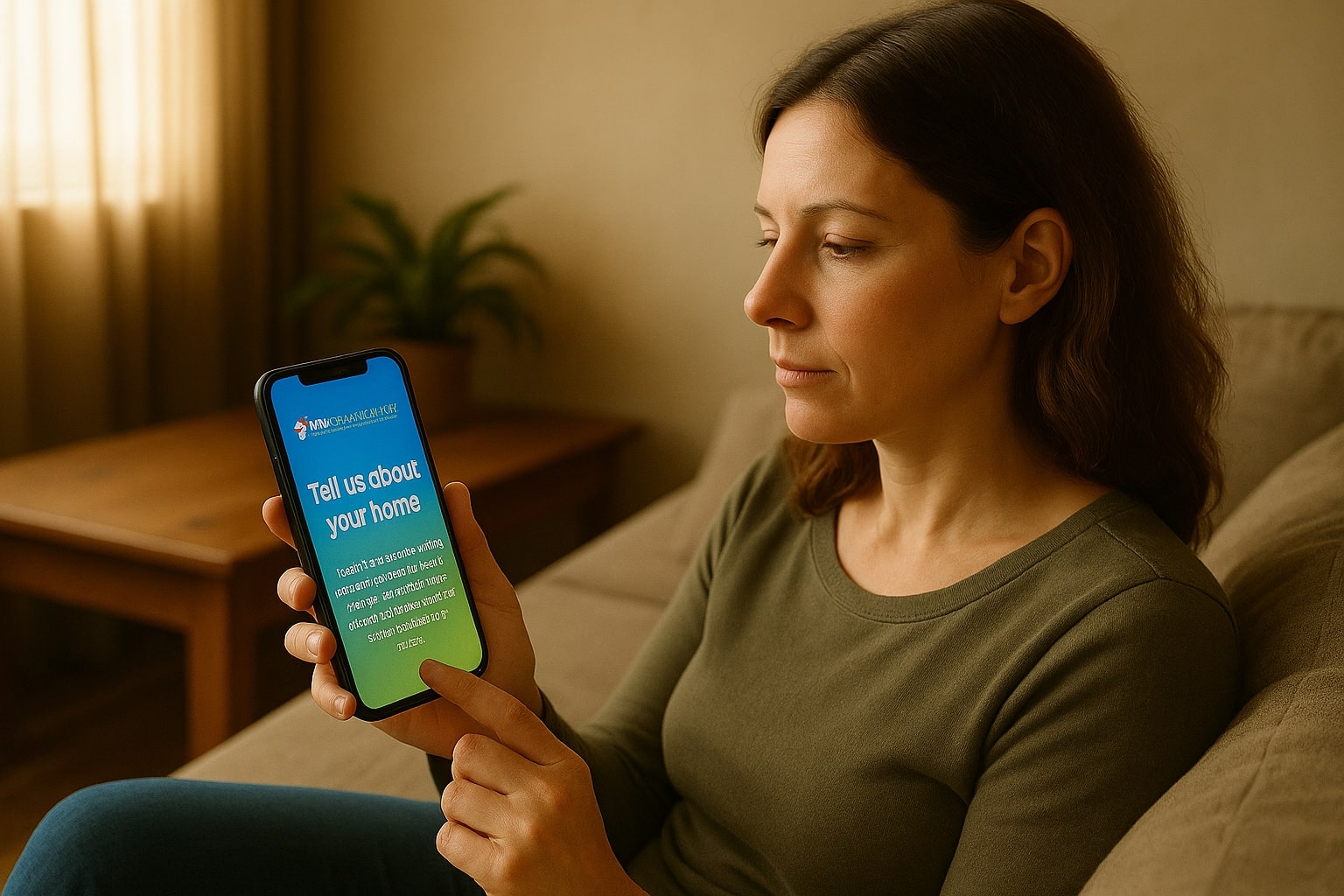 A woman using a smartphone to book a cleaner while relaxing at home