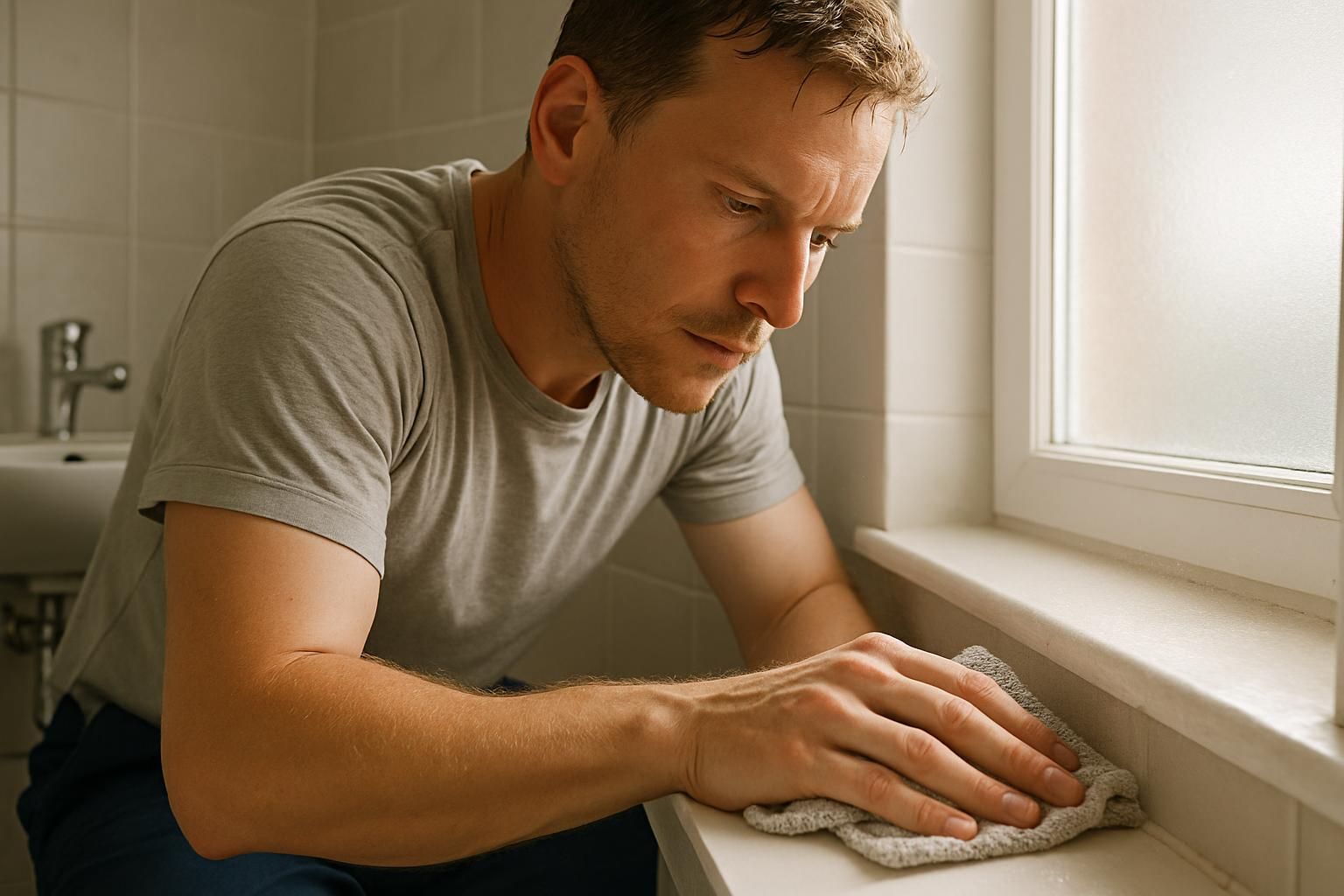 A cleaner wiping dust from a window sill during a bathroom reset.
