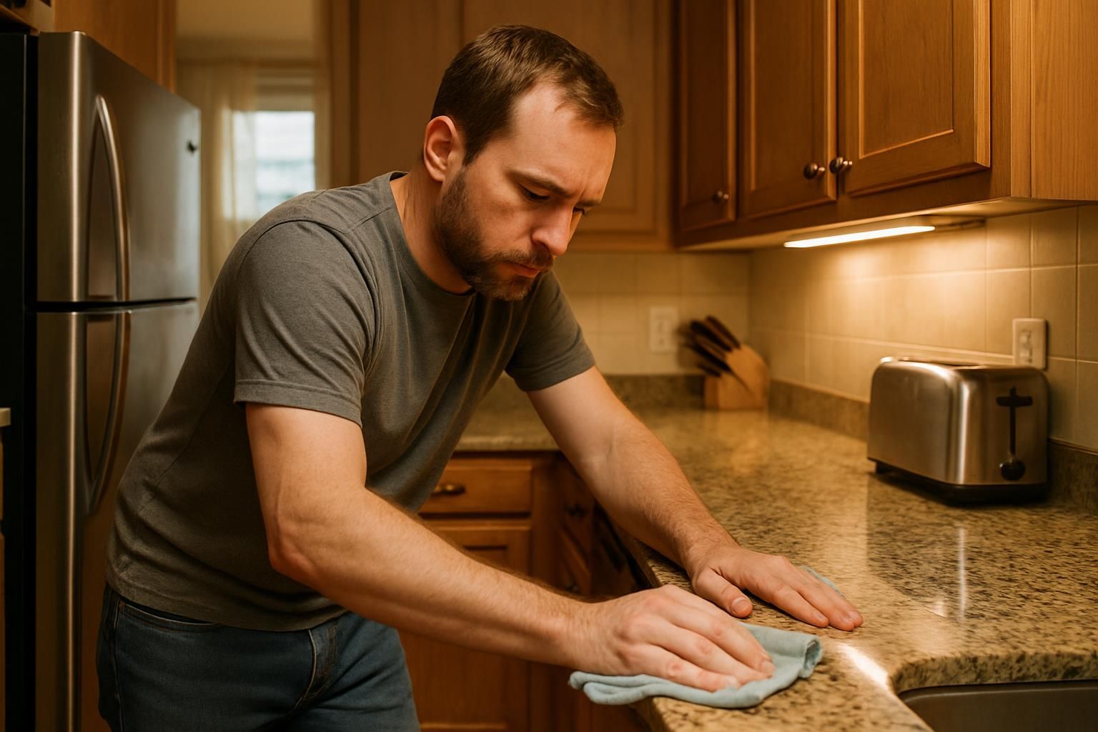 A cleaner working efficiently in a compact Airbnb kitchen.