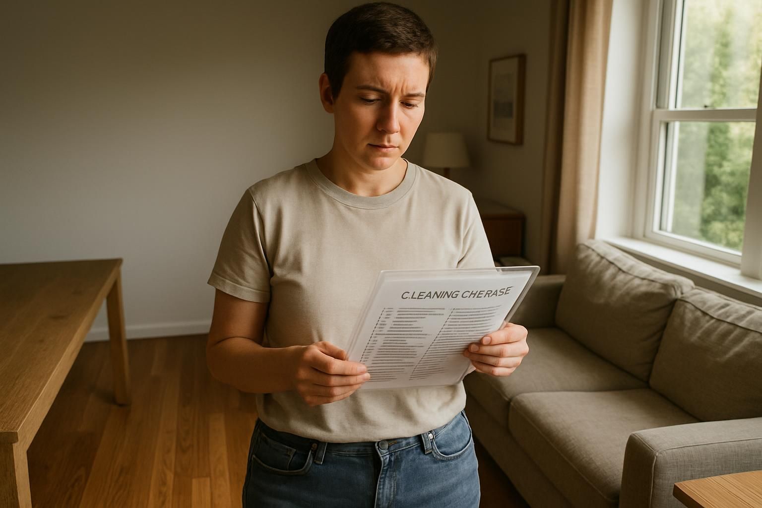 A host reviewing a service checklist in a tidy short-term rental.