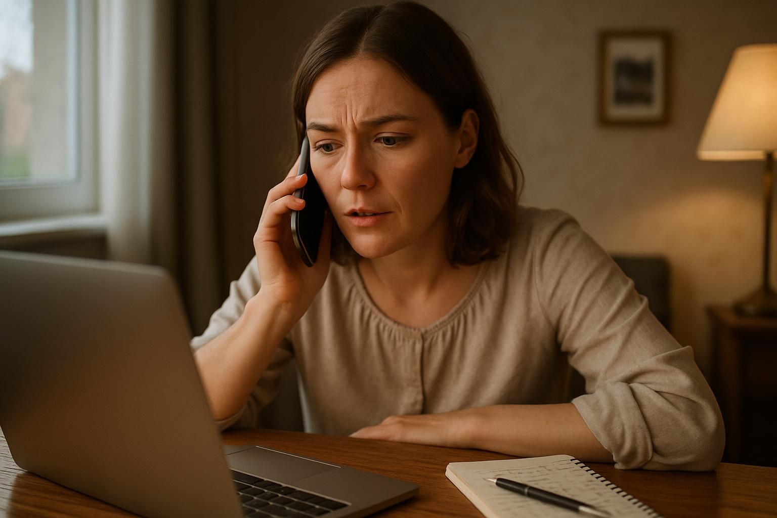 A woman on a phone call confirming details with a cleaning company.