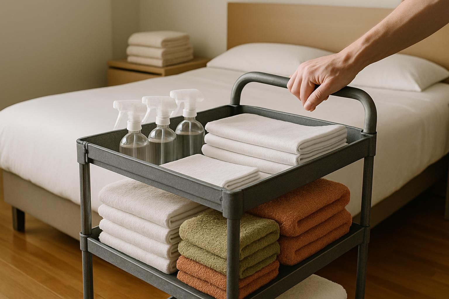 A stocked cleaning cart ready beside a crisp, well-made guest bed.