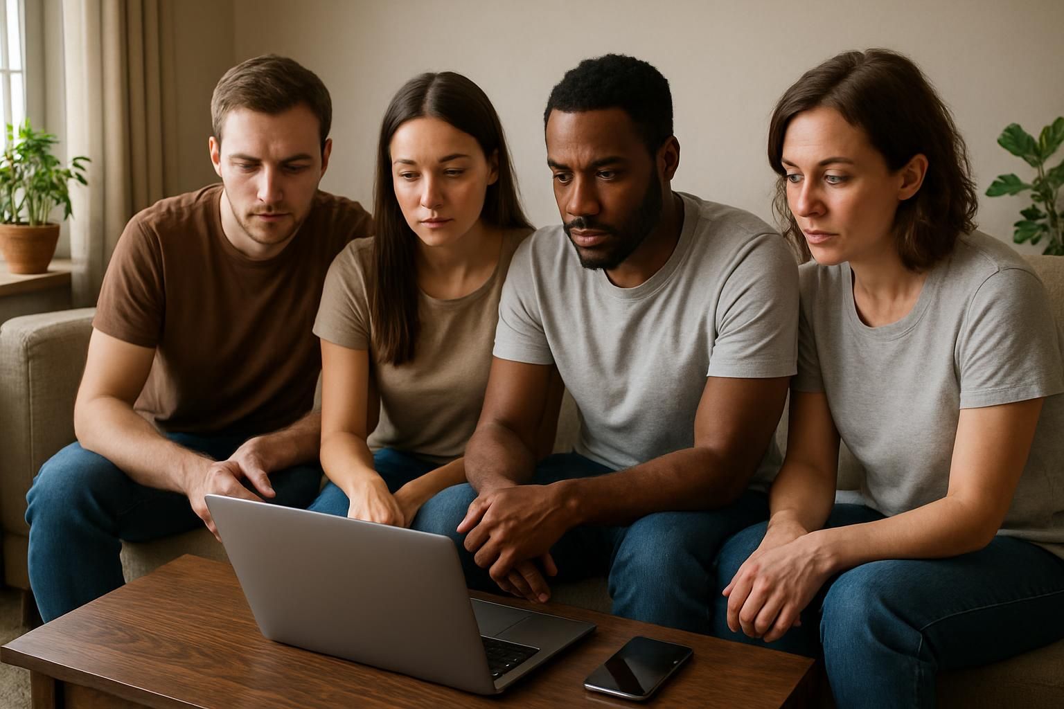 Four hosts discussing cleaning options while reviewing a laptop together.