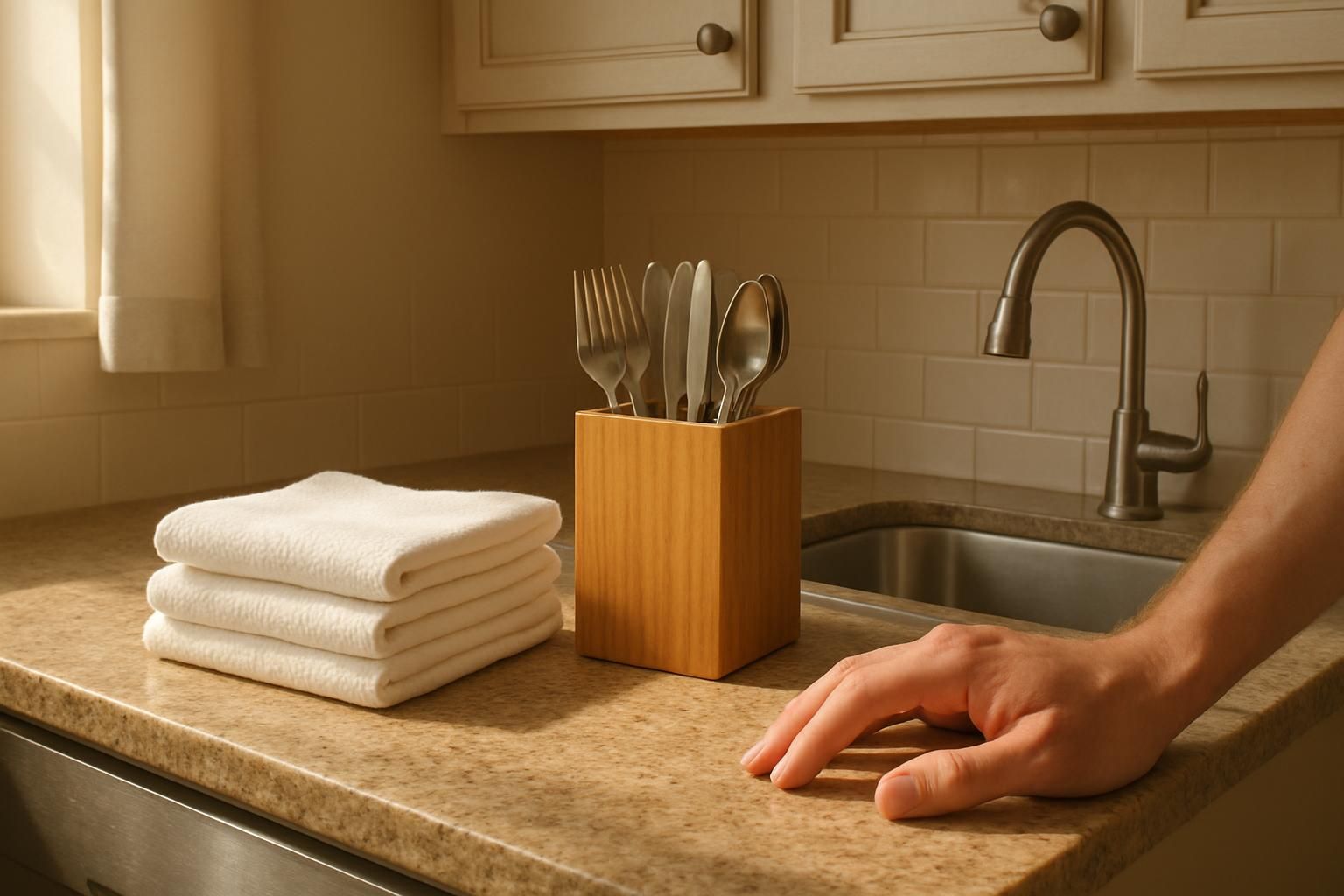 An inviting kitchen reset for guests, with clean surfaces and organized details.