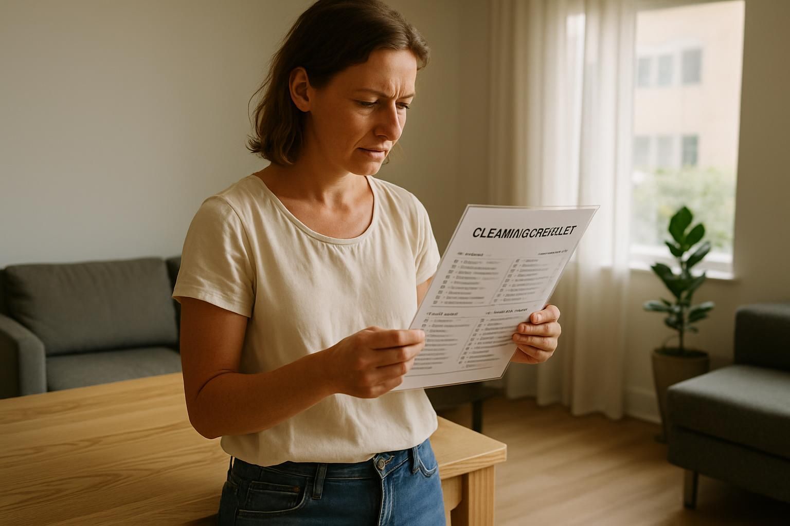 A woman reviewing a turnover checklist in a modern short-term rental.