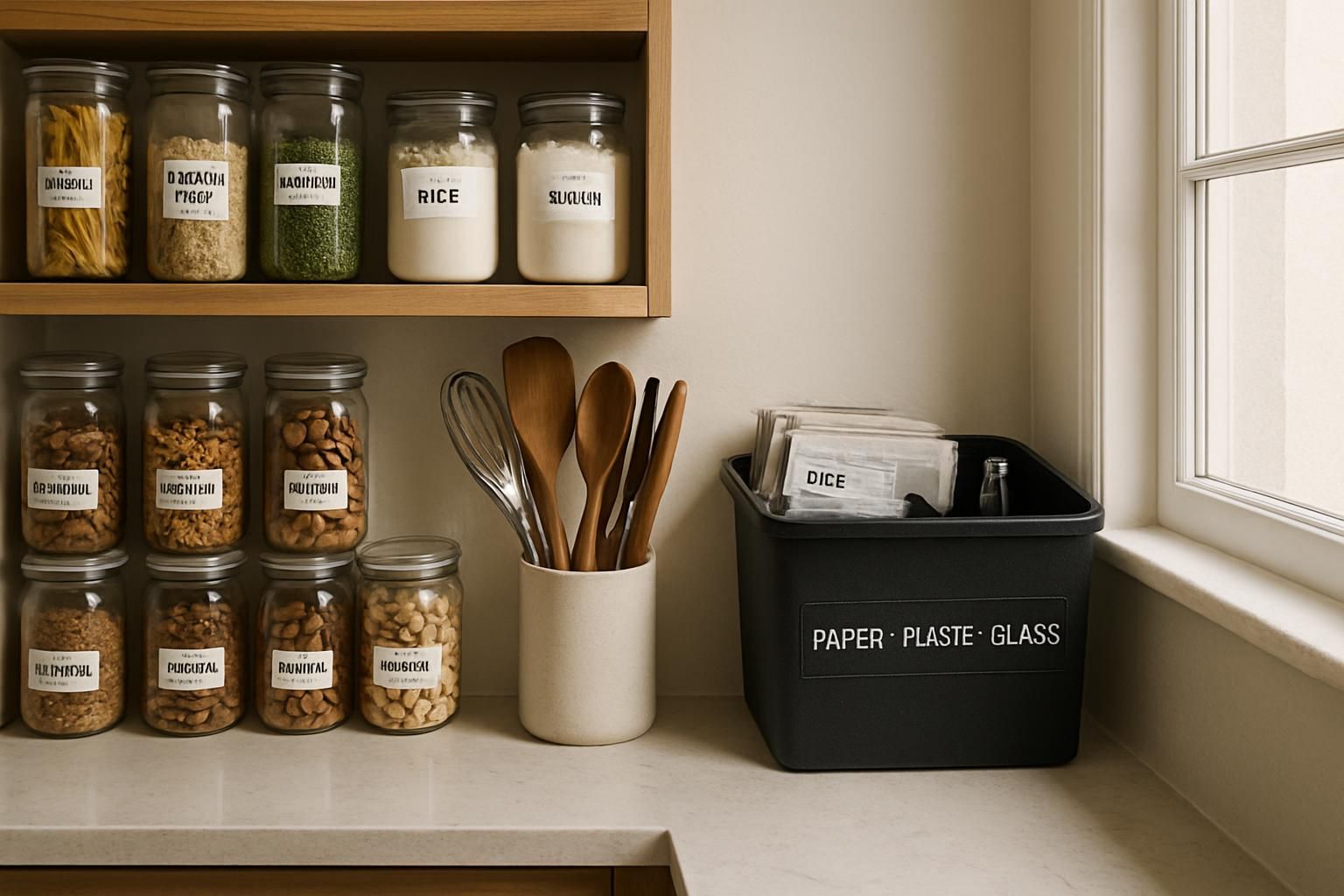 A tidy pantry with labeled jars, baskets, and neatly arranged utensils.