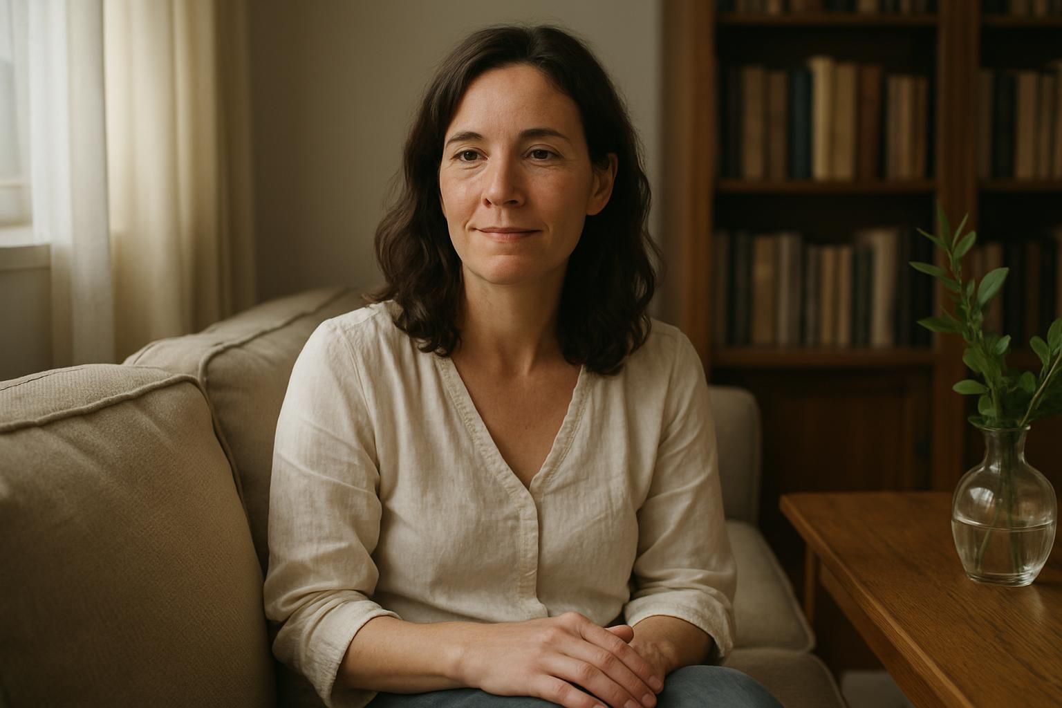 A relaxed person on a sofa in a tidy, softly lit living room.