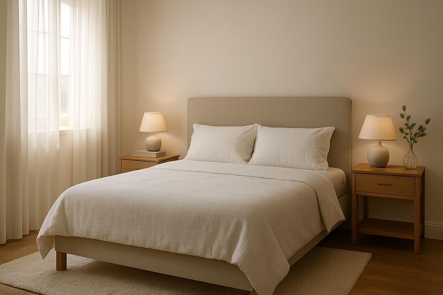 A restful bedroom with warm light, soft bedding, and natural decor.