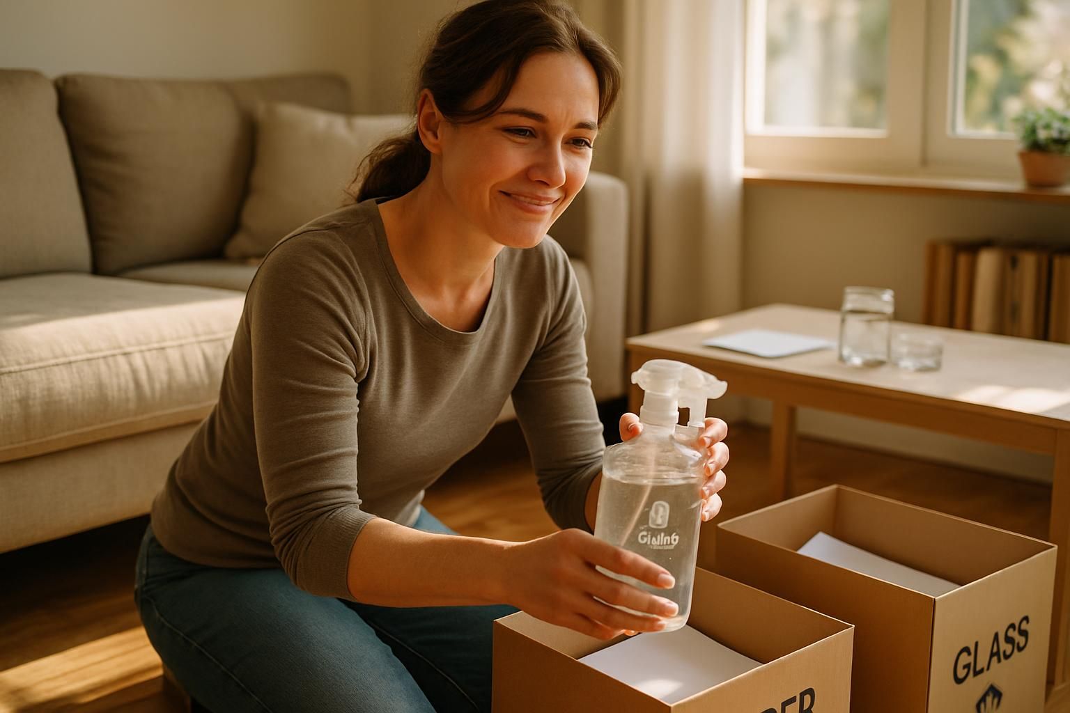 A woman tidies a sunlit living room with eco-friendly choices in mind.