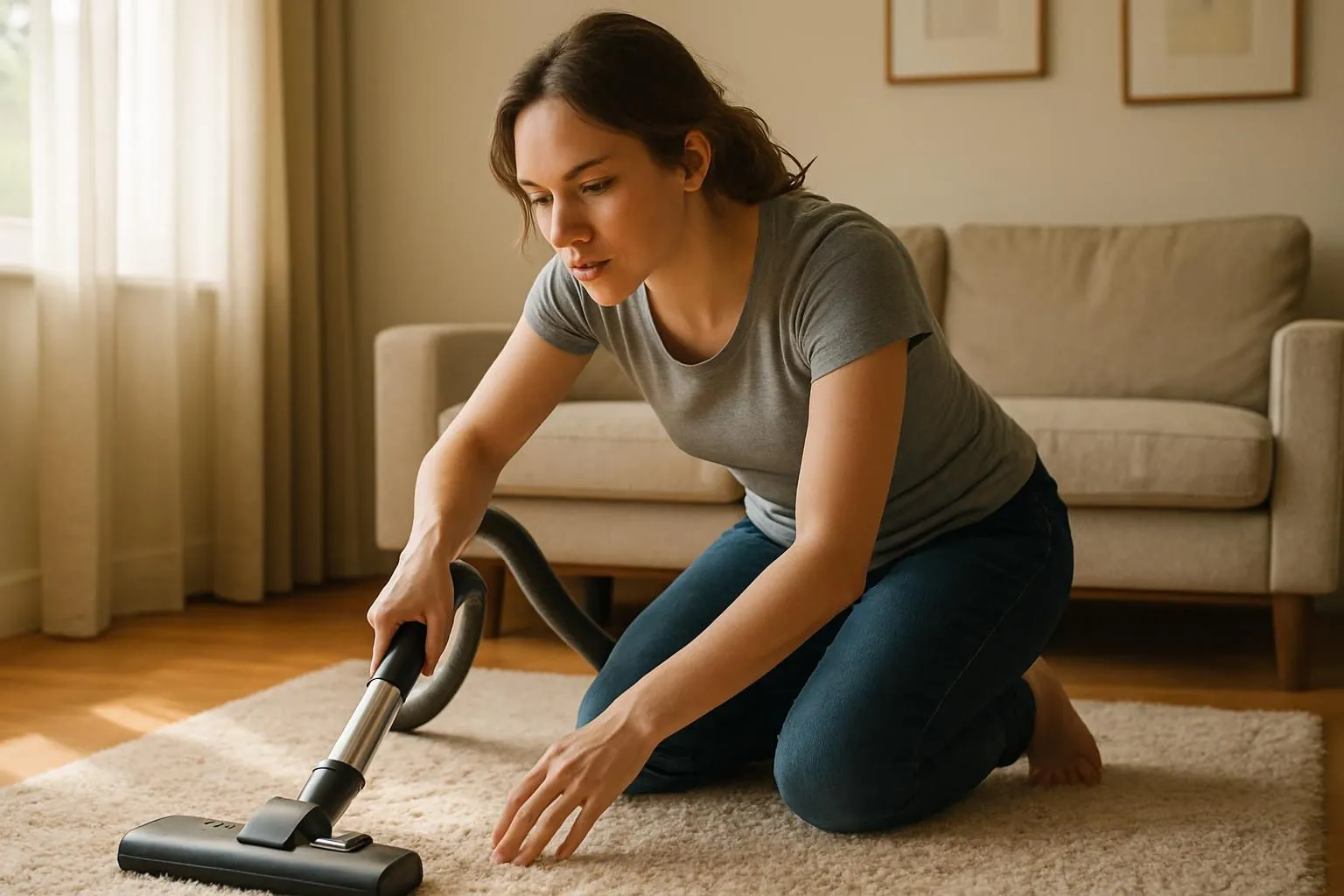 A person vacuuming a carpet in a bright, airy living room.