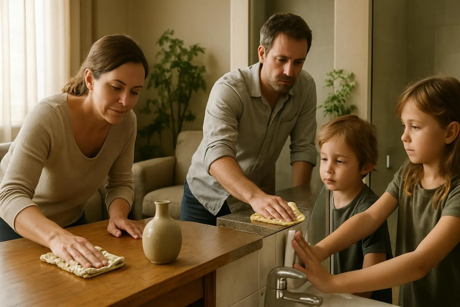 A family cleaning a cozy living room together, smiling as they work.
