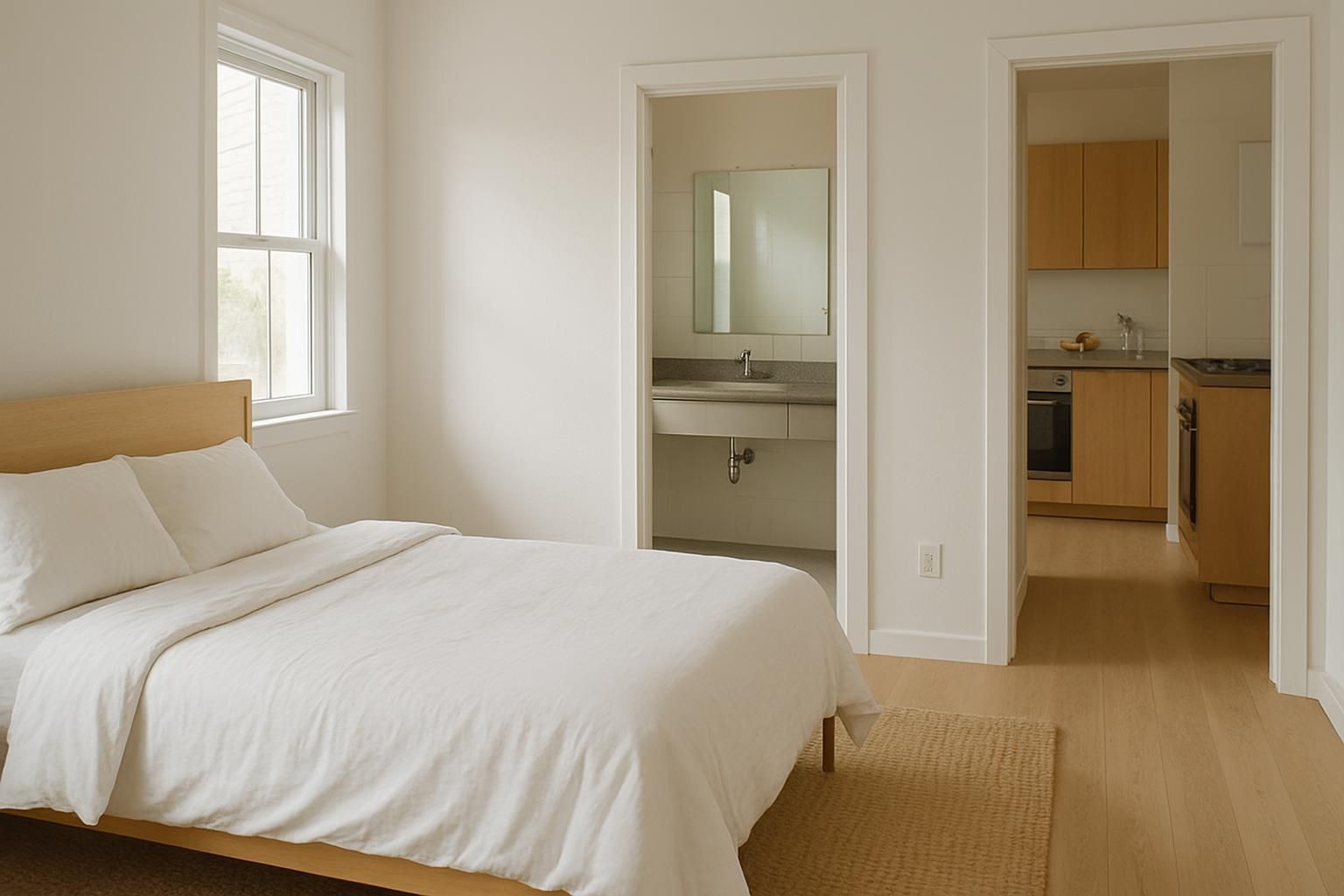 An organized home showing a neat bedroom, clean bathroom, and tidy kitchen.