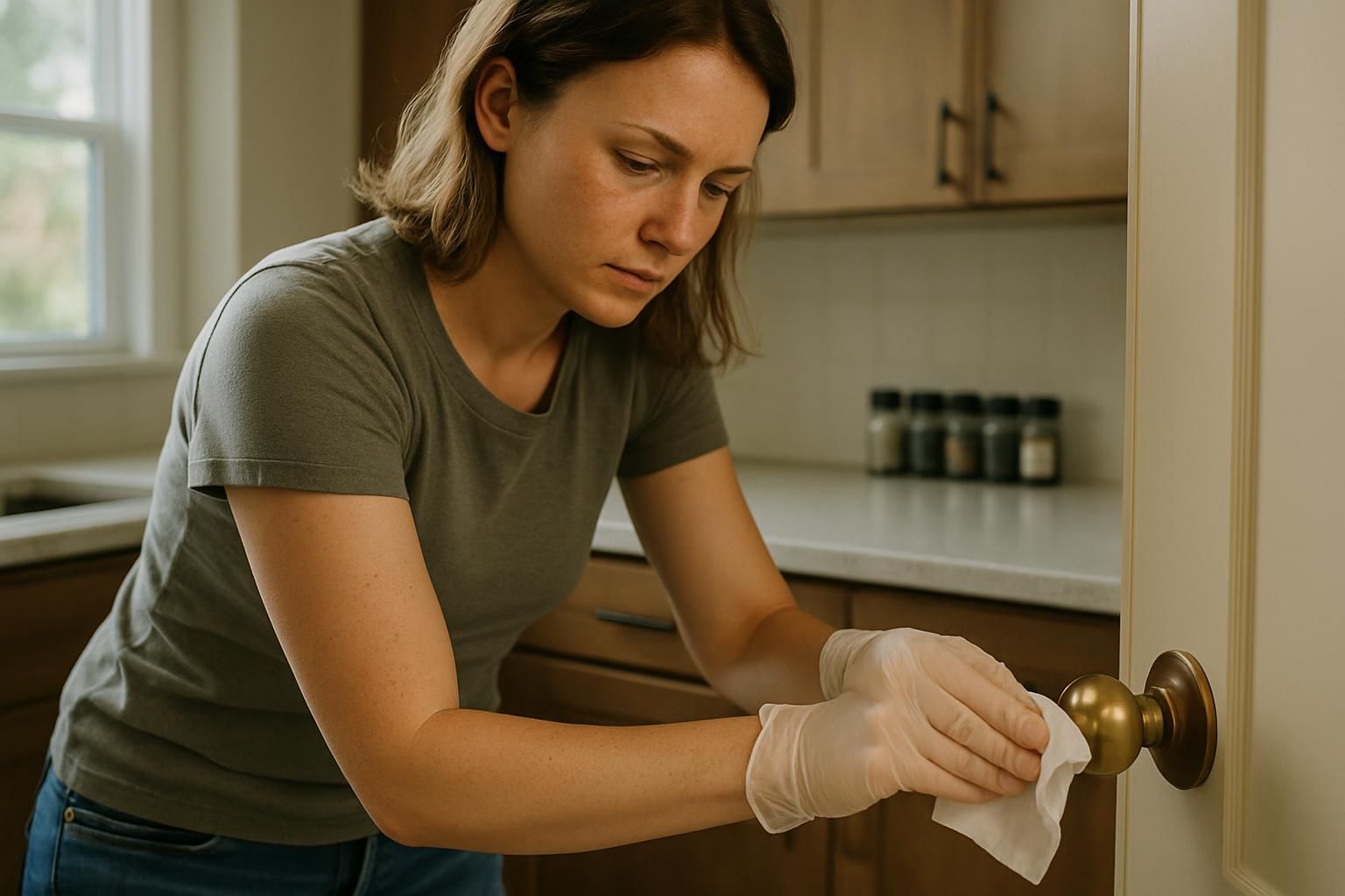 A woman sanitizes a metal doorknob in a bright kitchen.