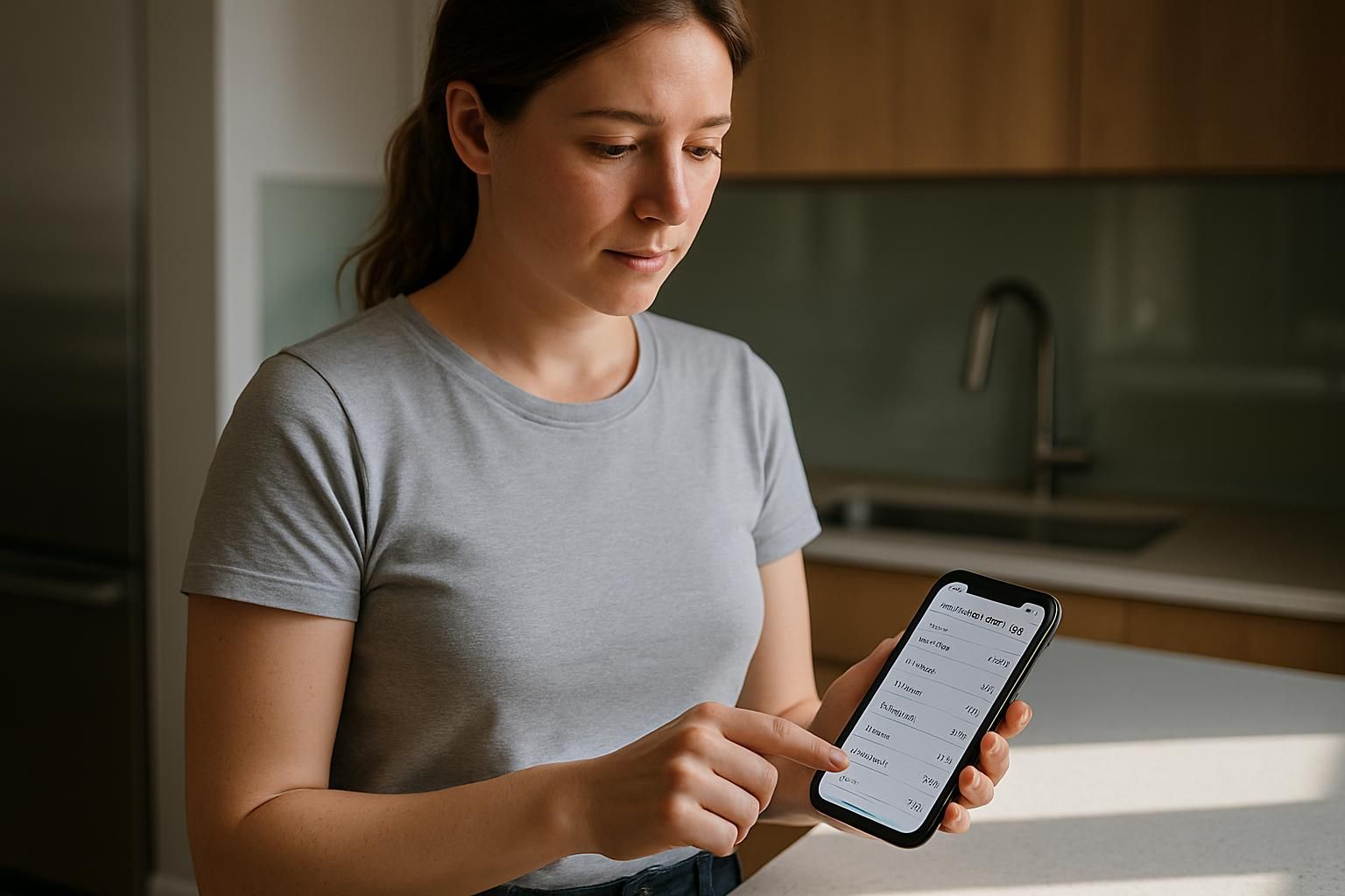 A person reviews a cleaning checklist on a tablet in a modern kitchen.