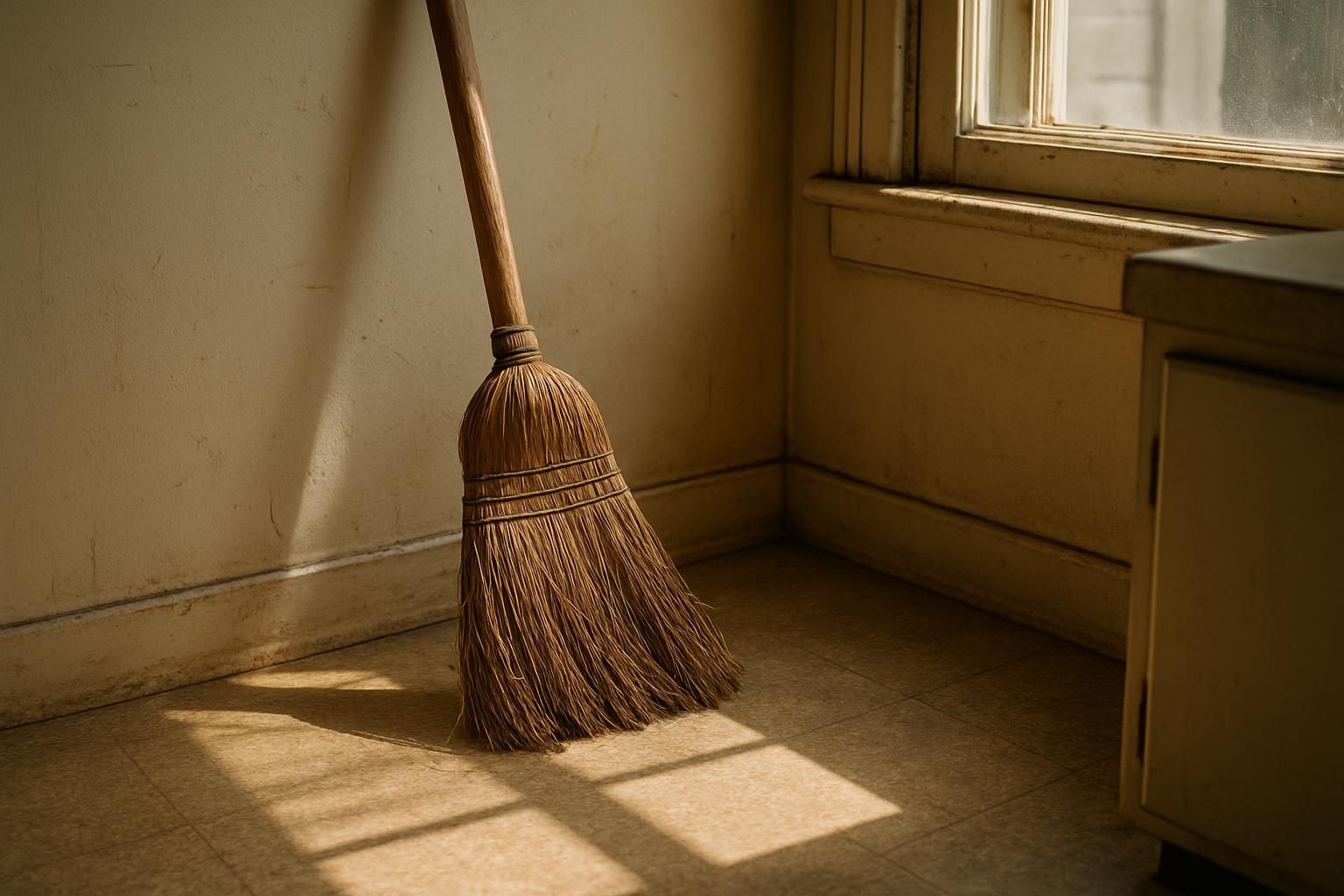 A used broom leaning on a faded kitchen wall, a quiet reminder to tidy up.